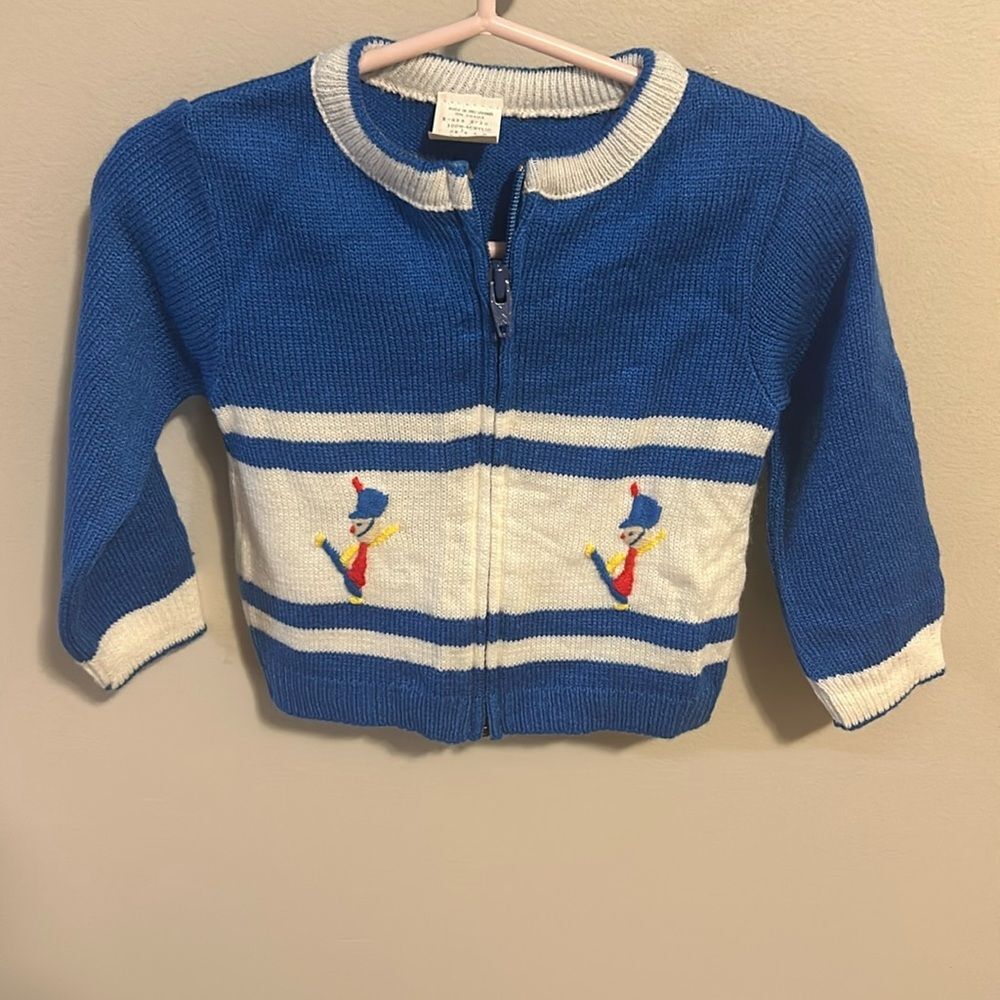 Vintage Infant Blue and White Full Zip Sweater. Size 18 Months